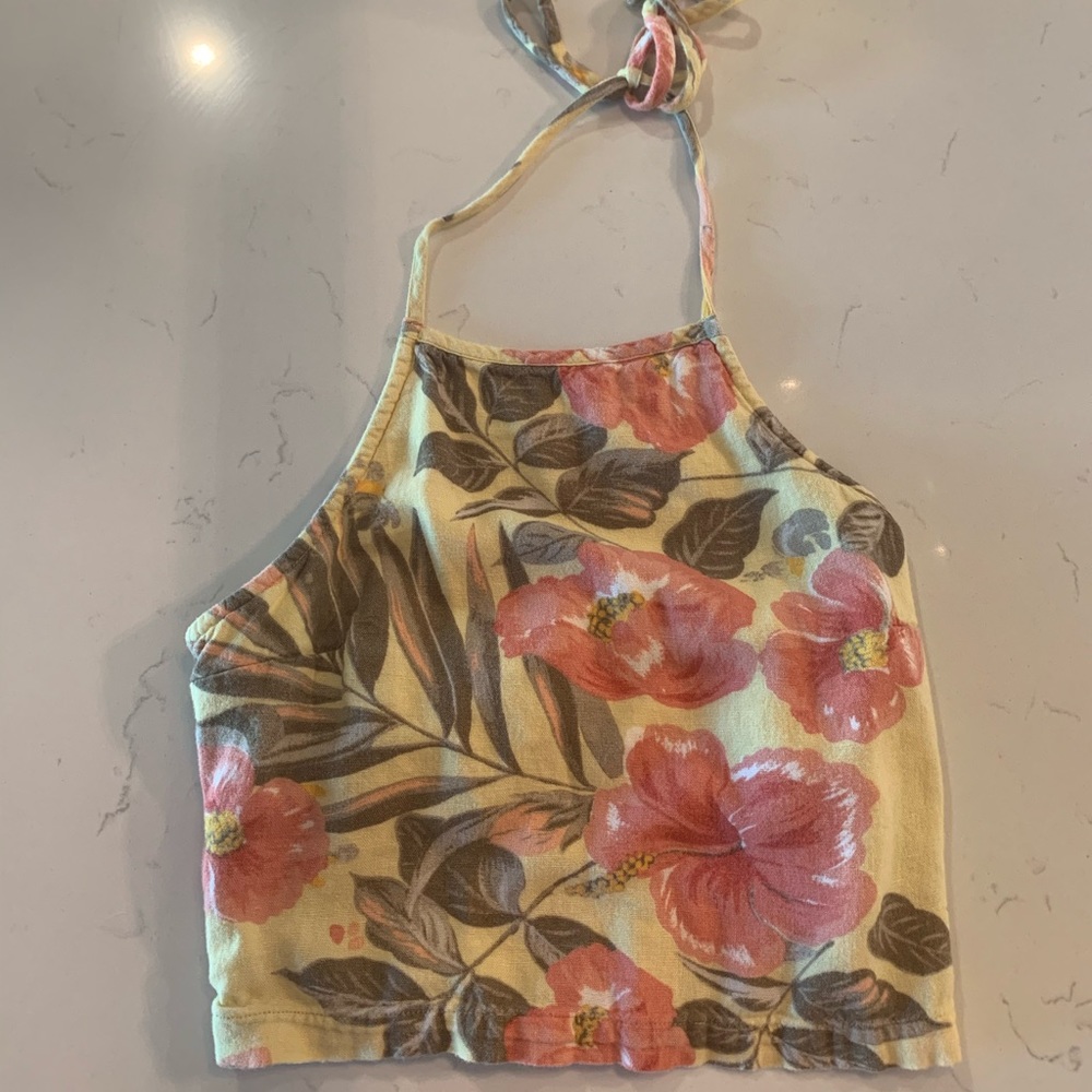 Yellow Floral High Neck Halter Crop Top